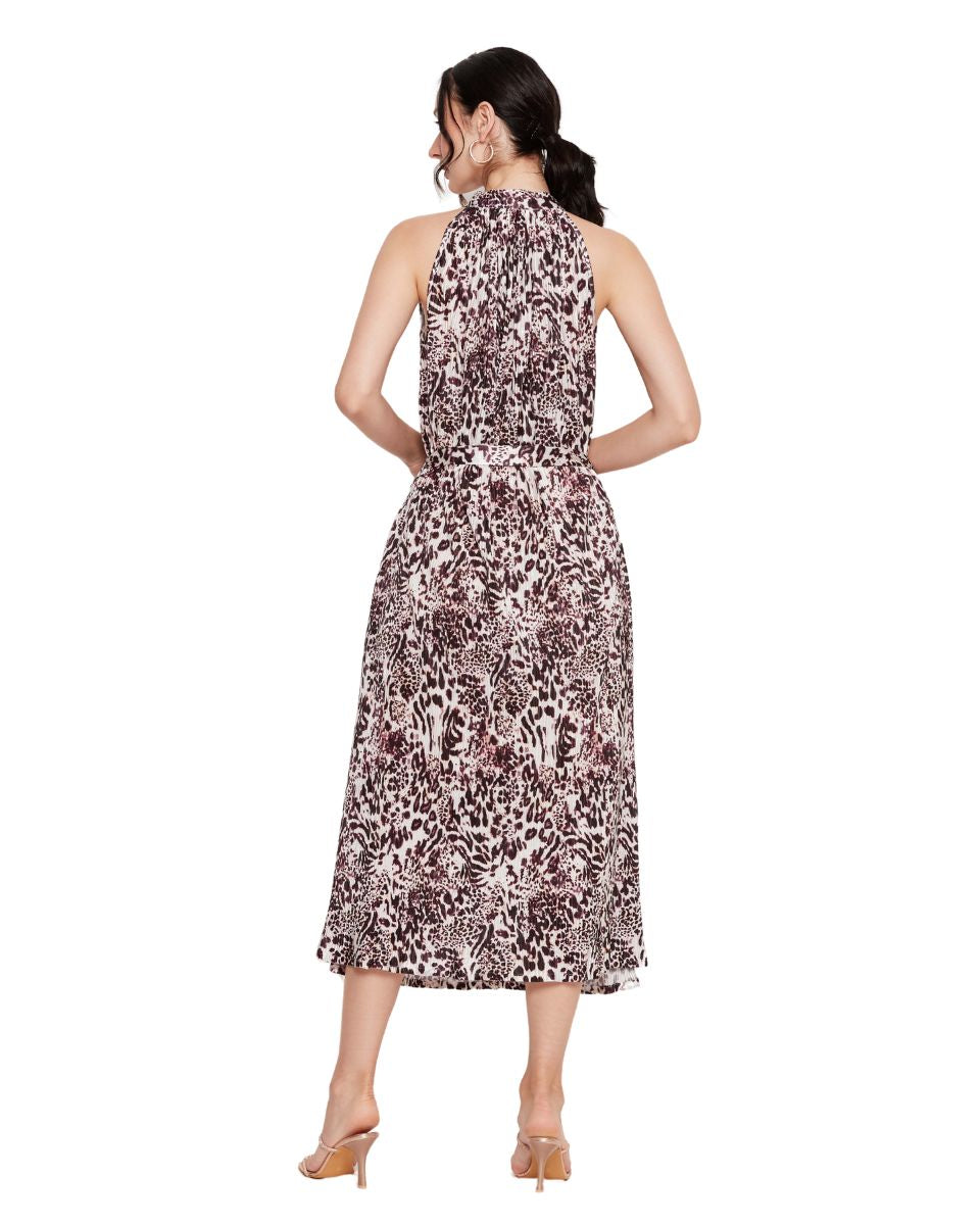 Wine Animal Print Midi Dress for Women