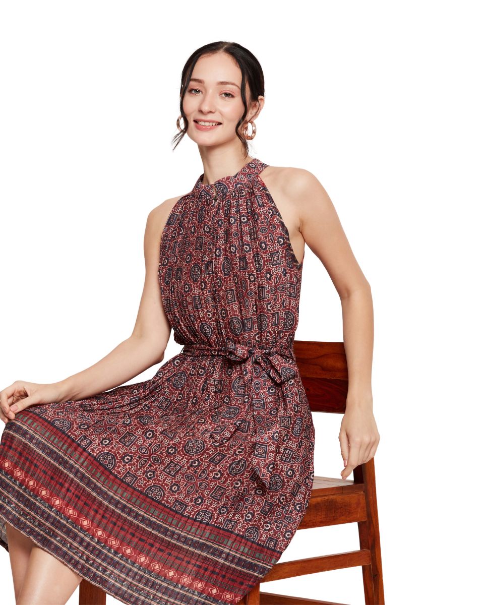 Geometric Printed Jester Red Casual Midi Dress for Women