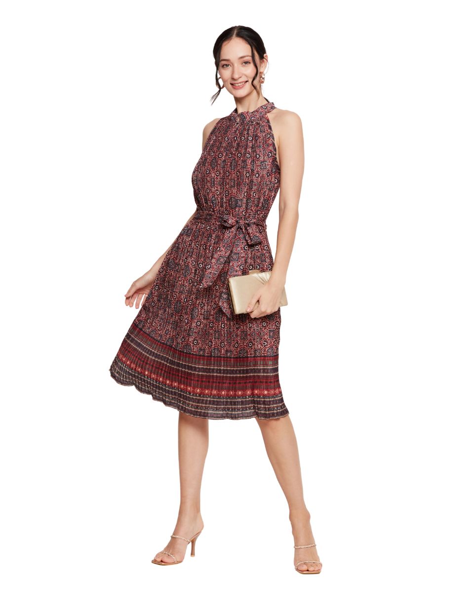 Geometric Printed Jester Red Casual Midi Dress for Women