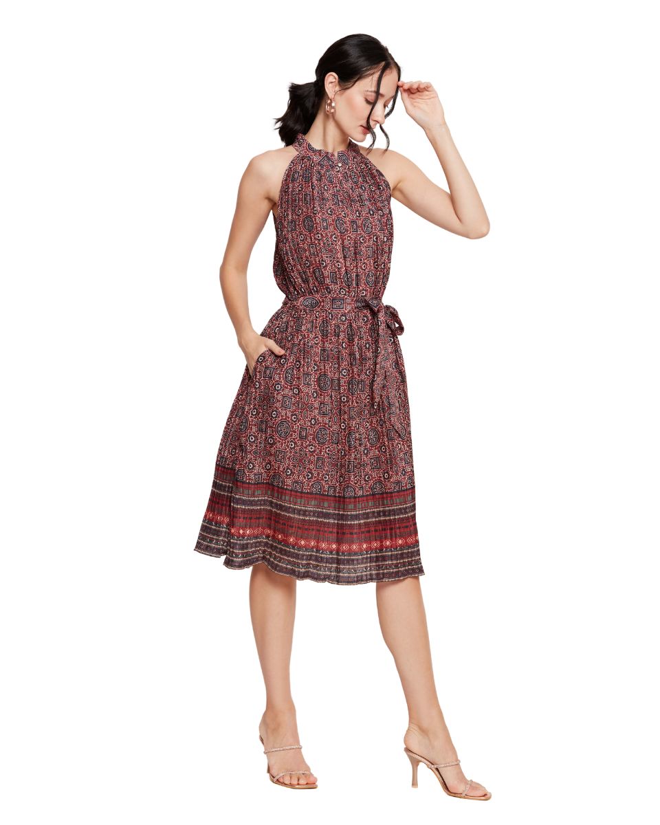 Geometric Printed Jester Red Casual Midi Dress for Women