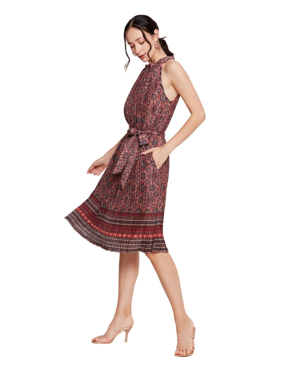 Geometric Printed Jester Red Casual Midi Dress for Women