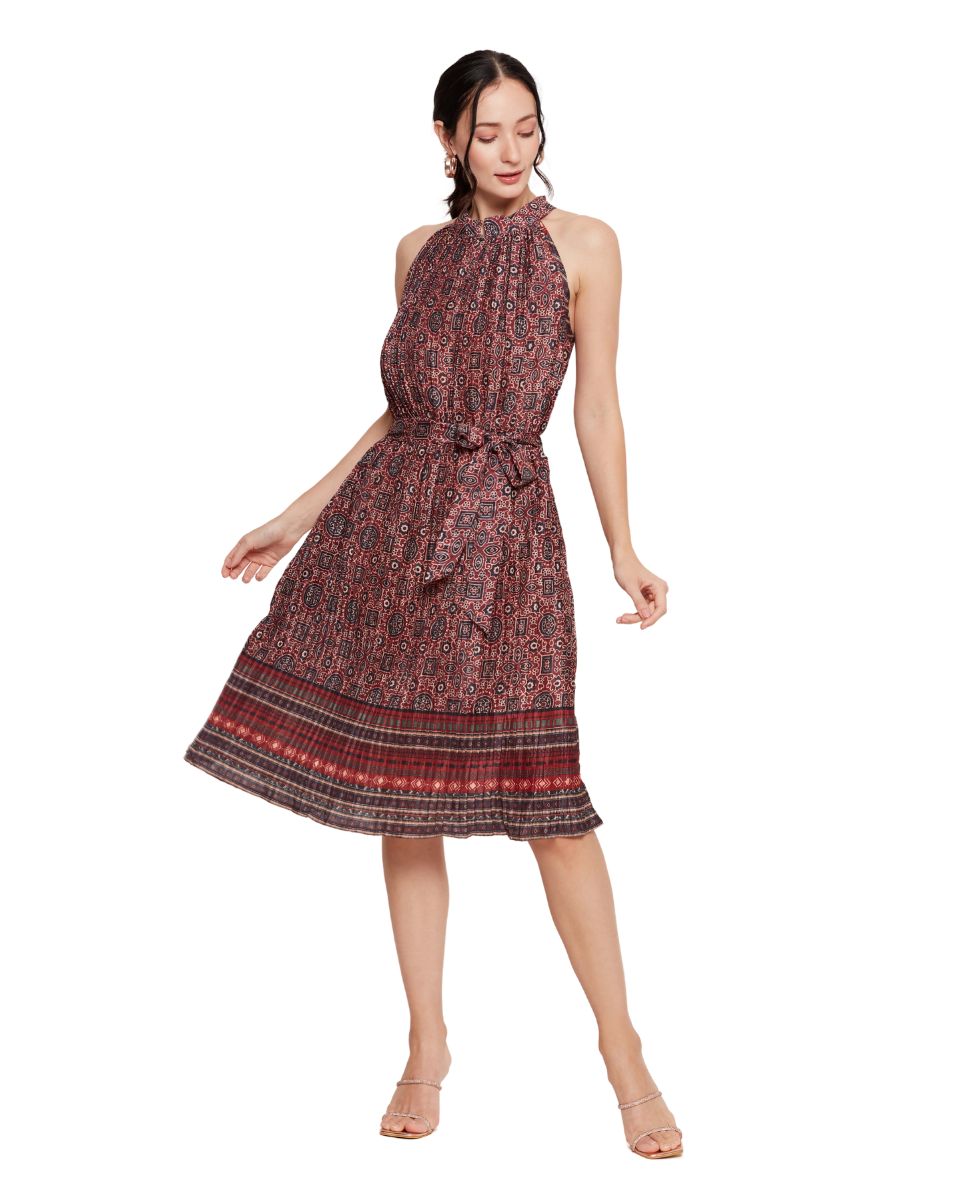 Geometric Printed Jester Red Casual Midi Dress for Women