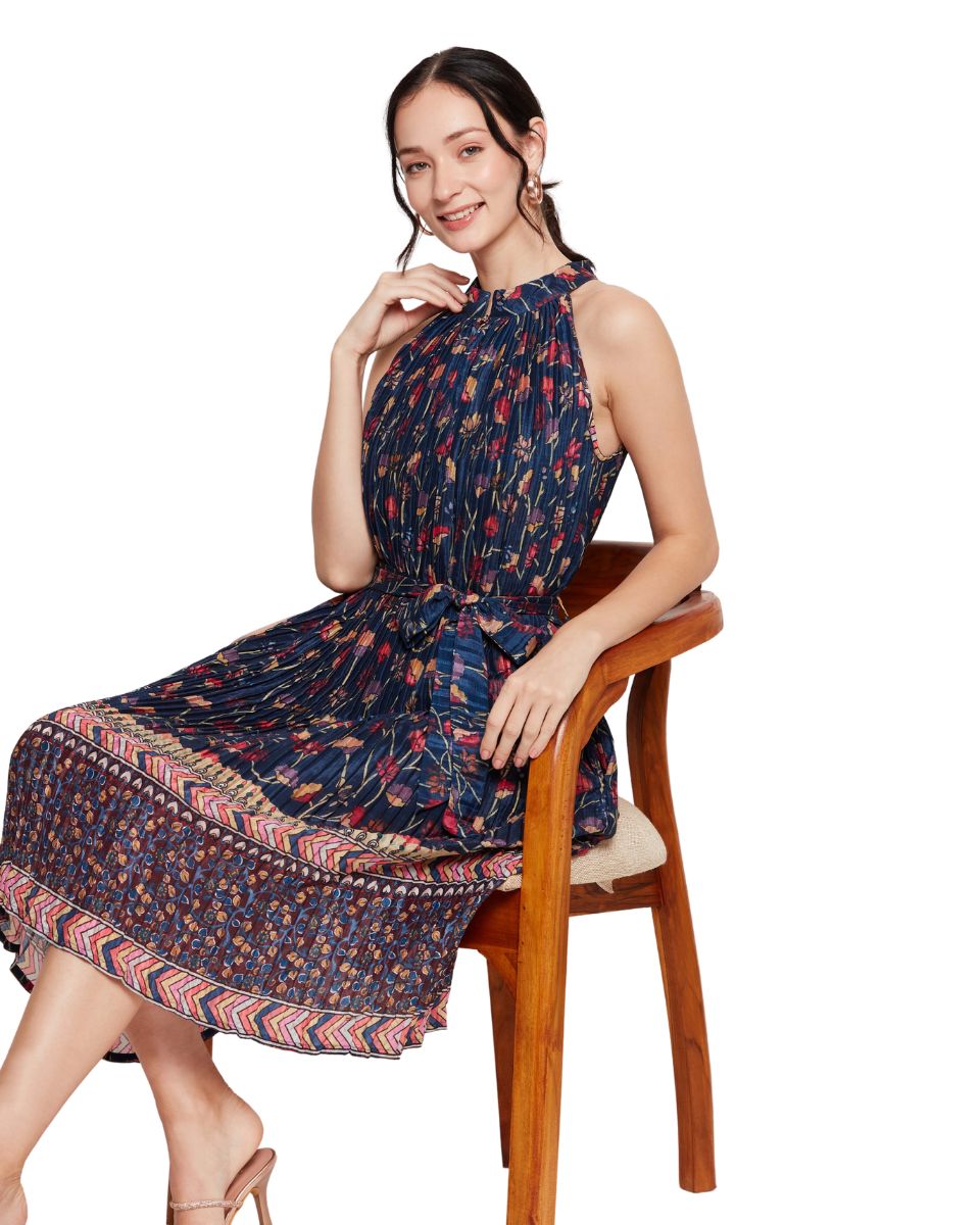Floral Print Navy Blue Elegant Midi Dress For Women