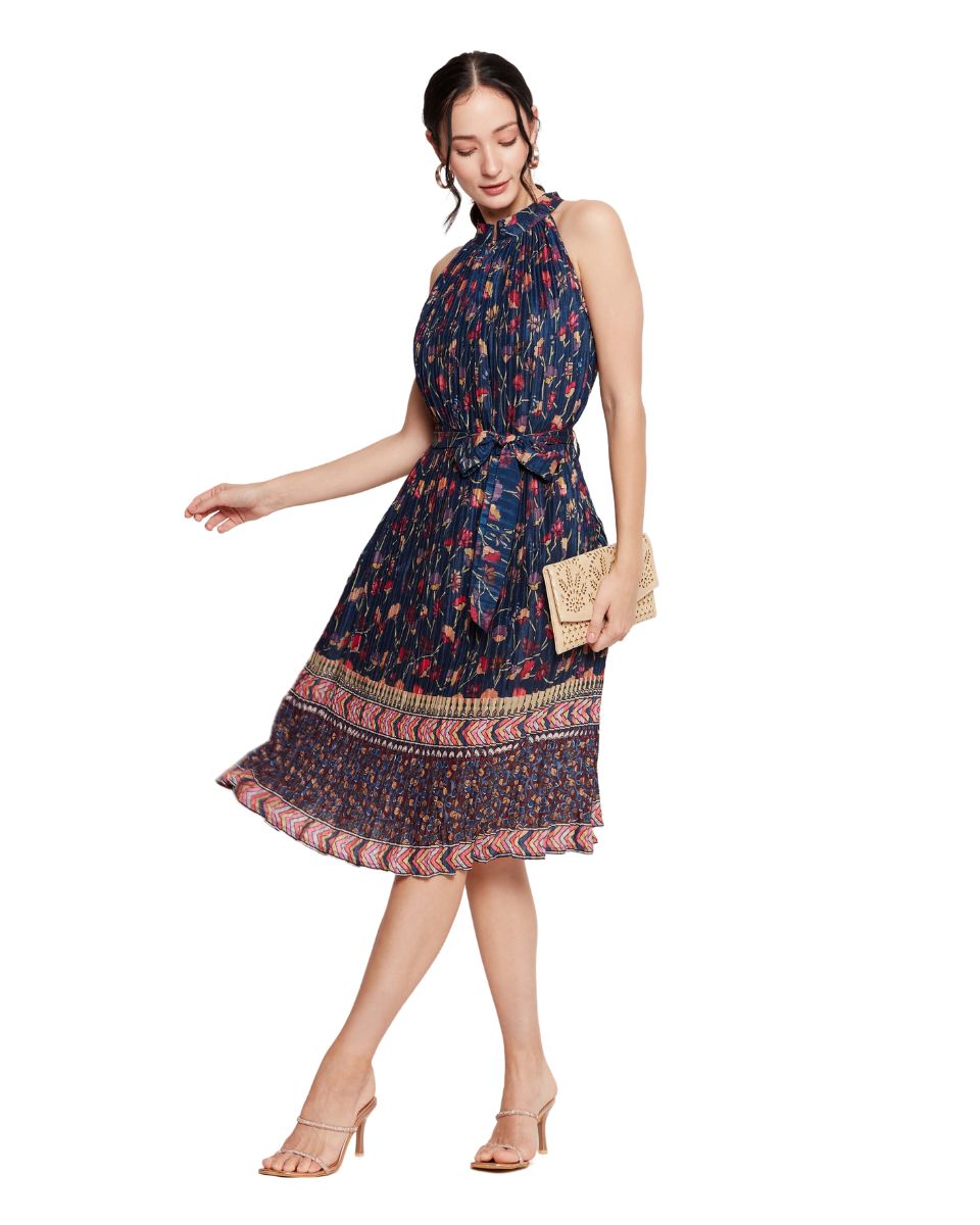 Floral Print Navy Blue Elegant Midi Dress For Women