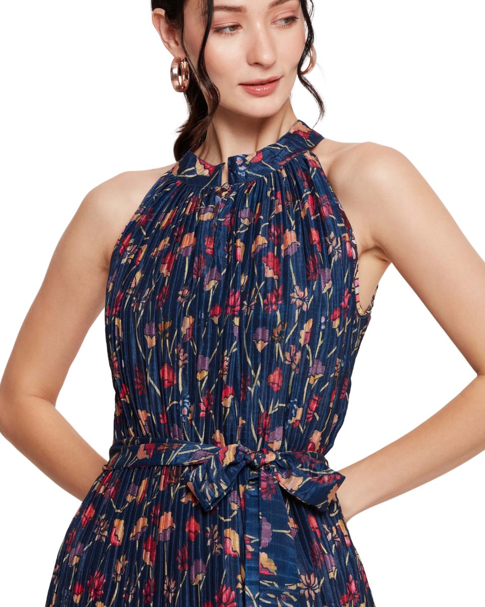 Floral Print Navy Blue Elegant Midi Dress For Women