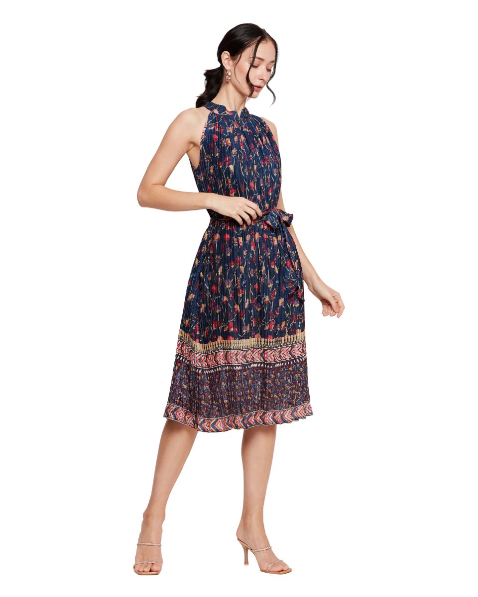 Floral Print Navy Blue Elegant Midi Dress For Women