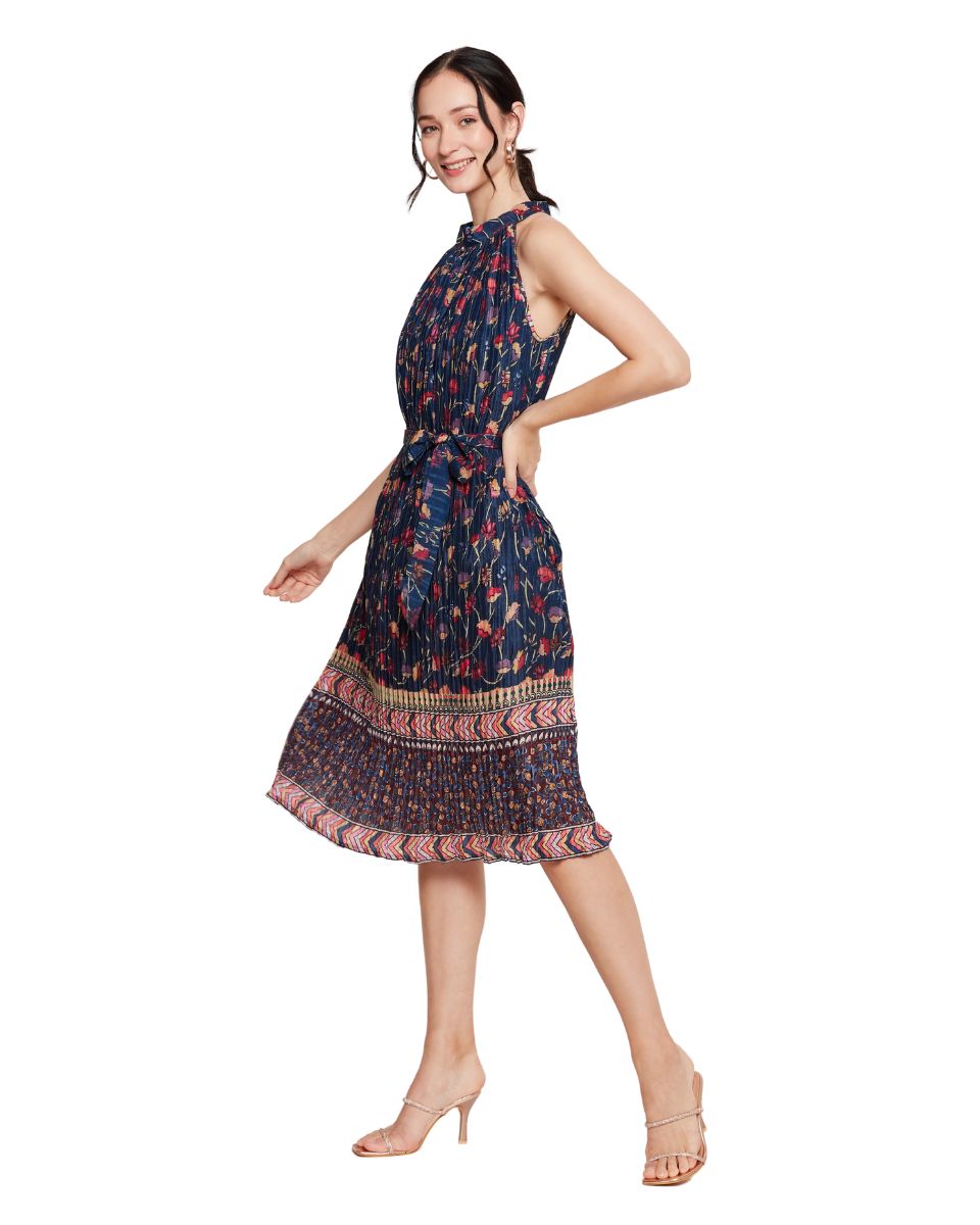 Floral Print Navy Blue Elegant Midi Dress For Women