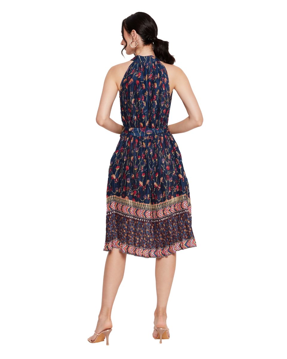 Floral Print Navy Blue Elegant Midi Dress For Women