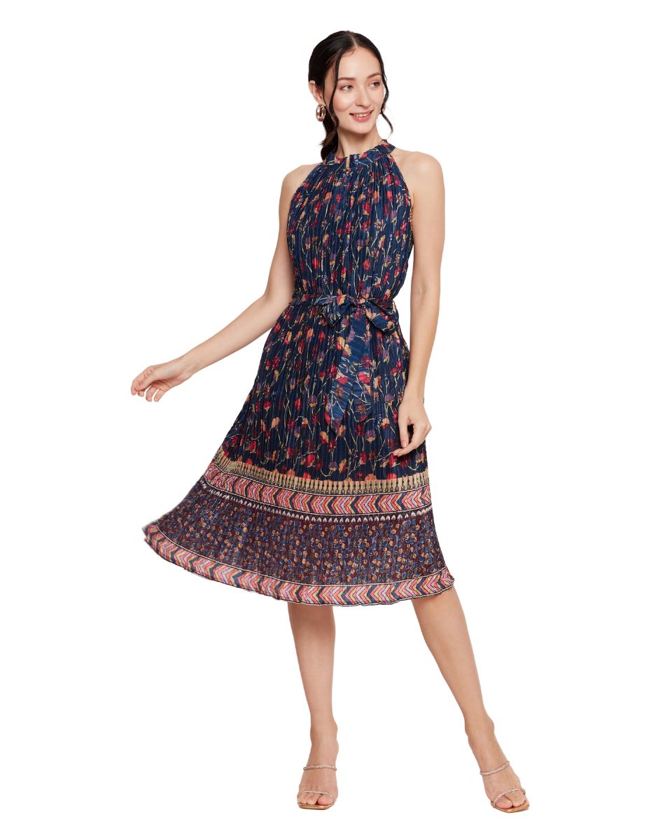 Floral Print Navy Blue Elegant Midi Dress For Women