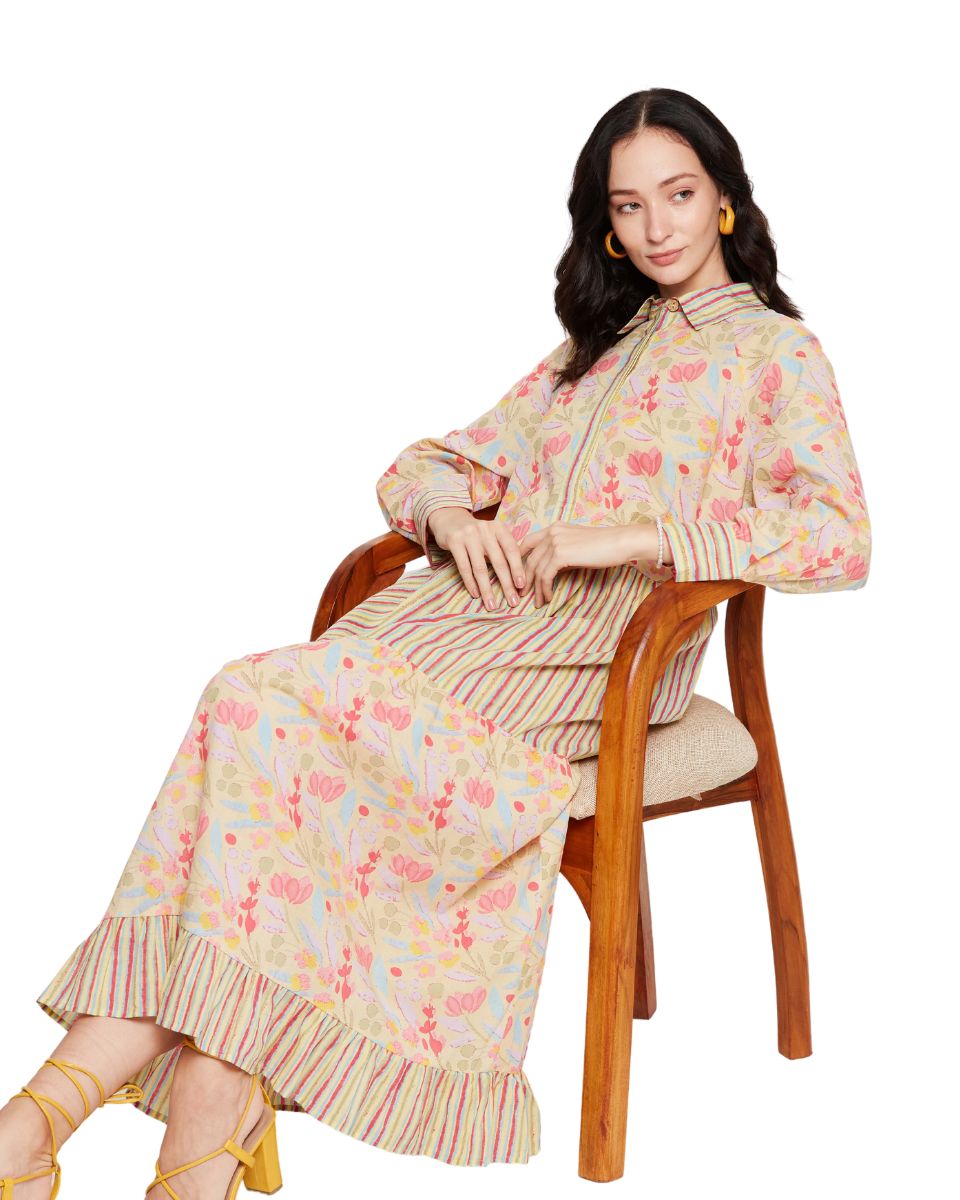 Yellow Long Sleeves Collared Neck Floral Maxi Dress For Women