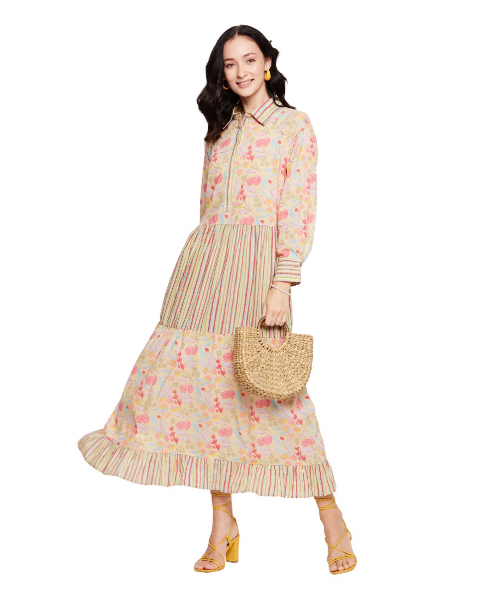 Yellow Long Sleeves Collared Neck Floral Maxi Dress For Women