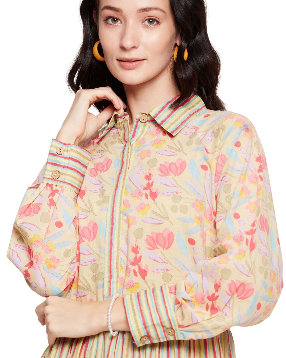 Yellow Long Sleeves Collared Neck Floral Maxi Dress For Women