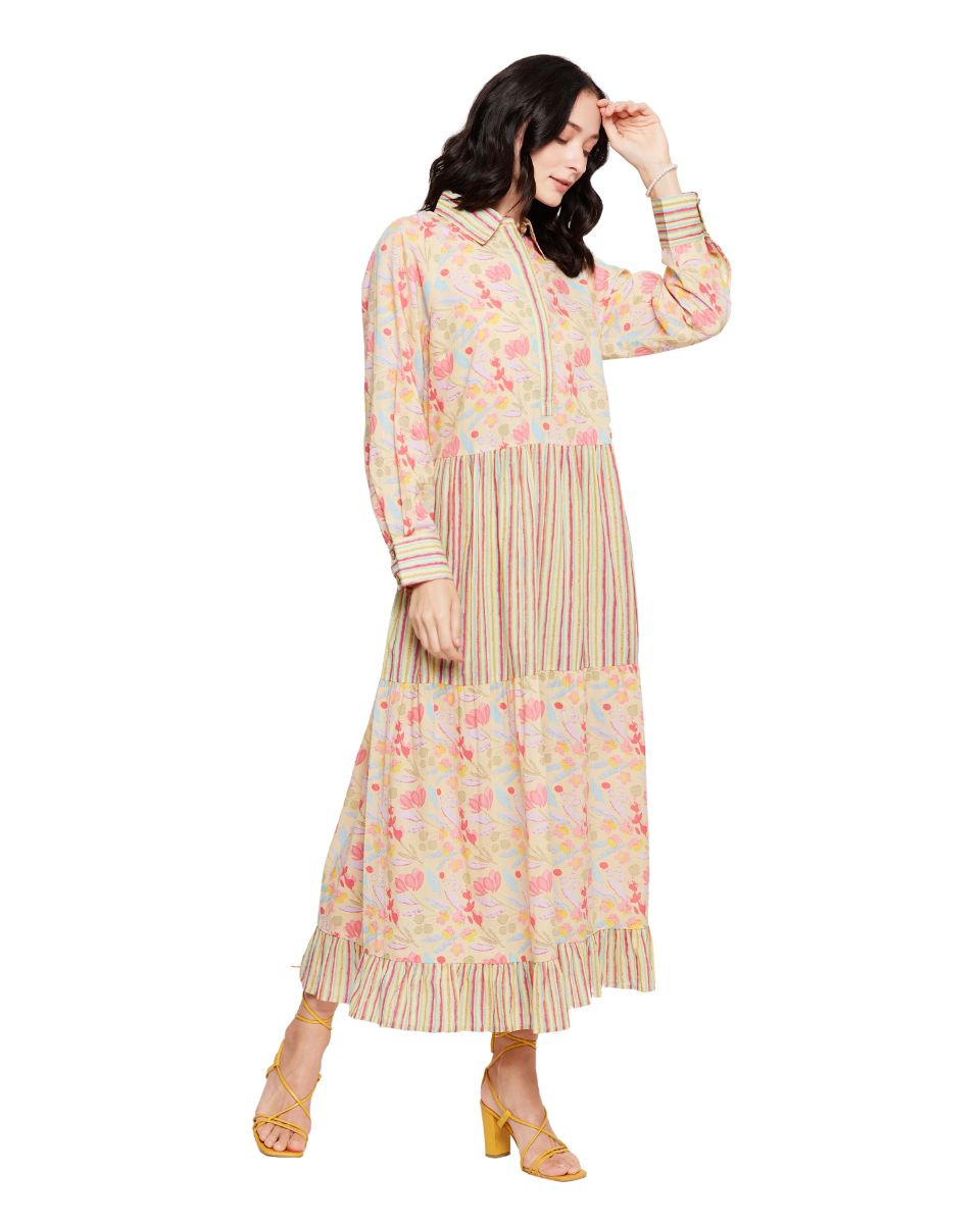 Yellow Long Sleeves Collared Neck Floral Maxi Dress For Women