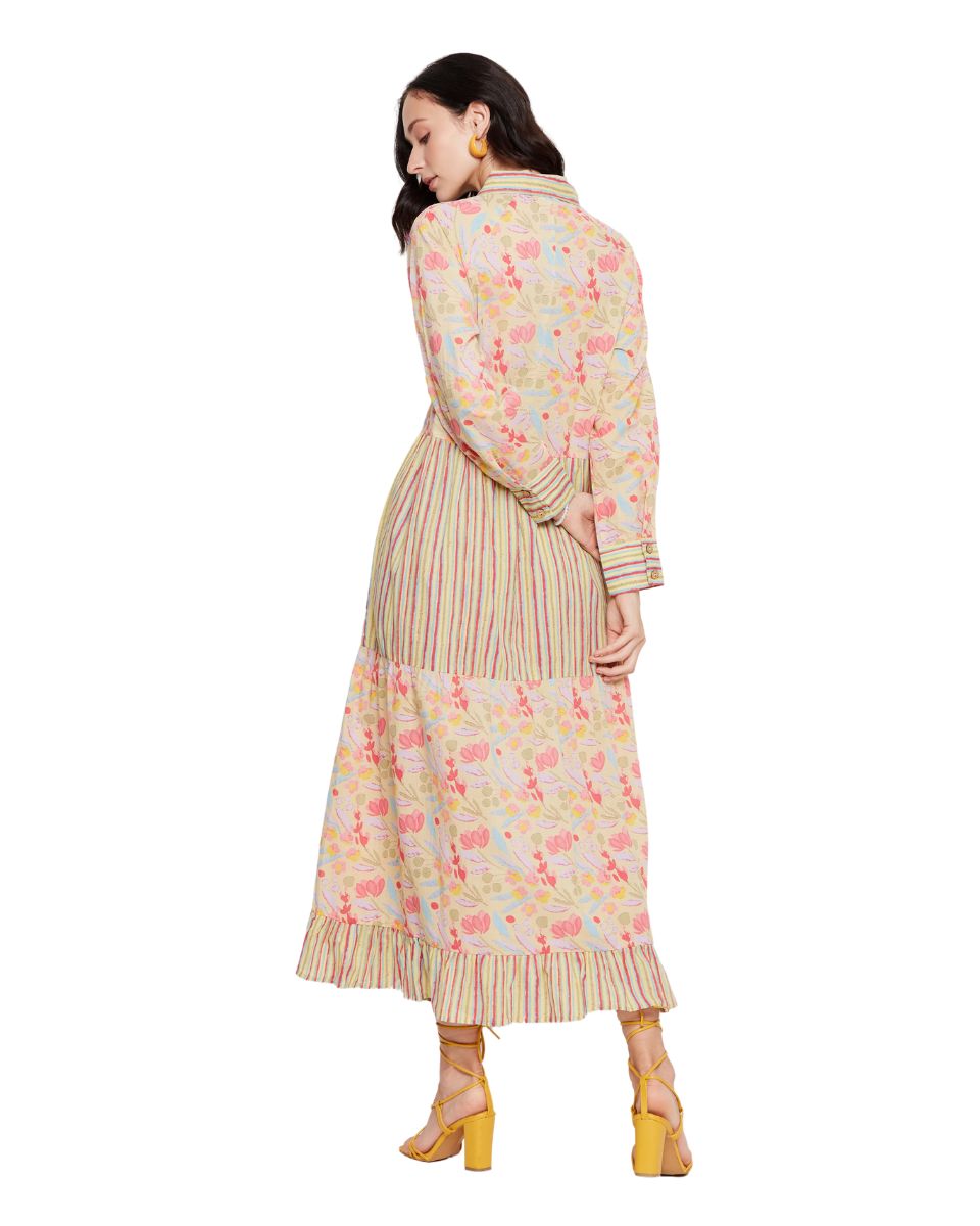 Yellow Long Sleeves Collared Neck Floral Maxi Dress For Women