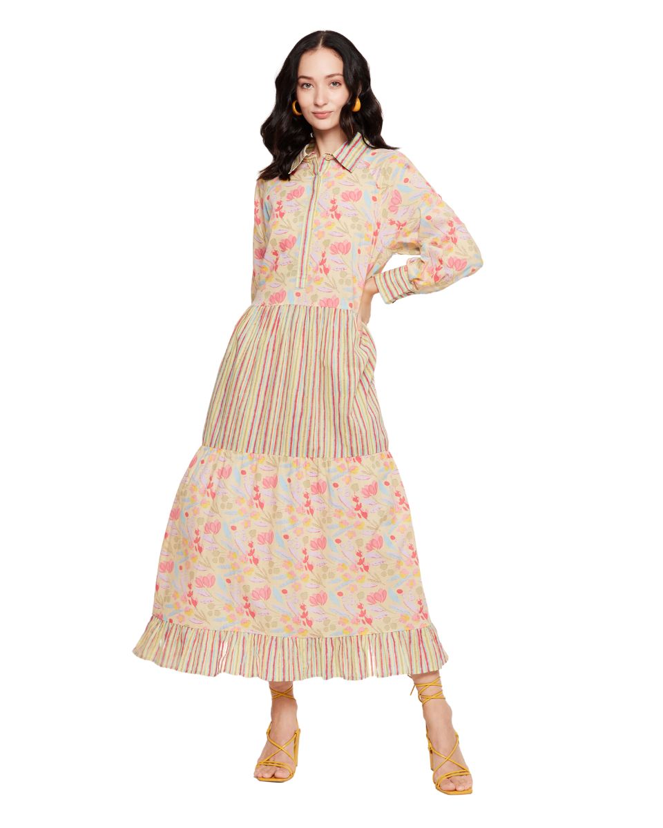Yellow Long Sleeves Collared Neck Floral Maxi Dress For Women