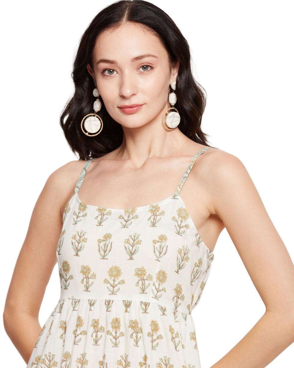 Floral Printed Off-White Cami Straps Dress for Women