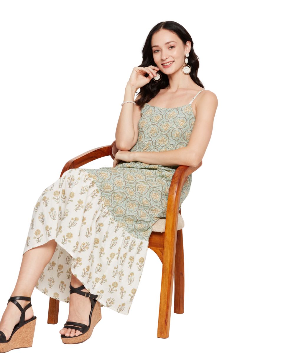 Floral Print Sea Green Elegant Sleeveless Midi Dress for Women
