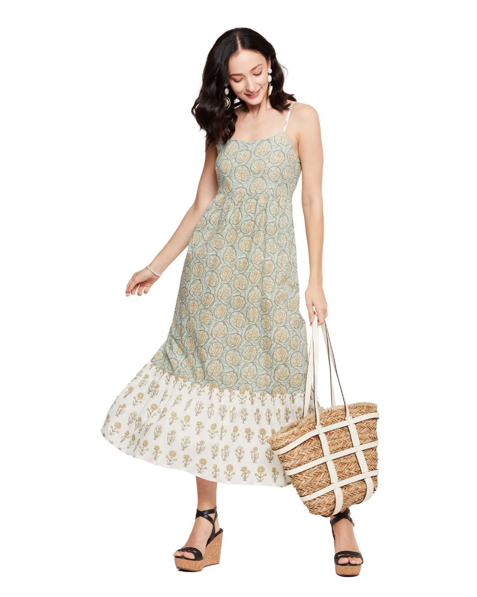 Floral Print Sea Green Elegant Sleeveless Midi Dress for Women