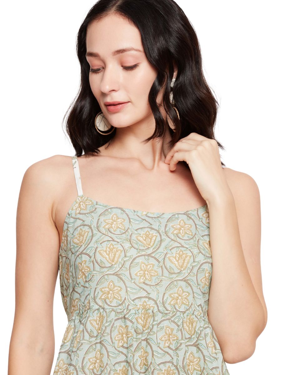 Floral Print Sea Green Elegant Sleeveless Midi Dress for Women