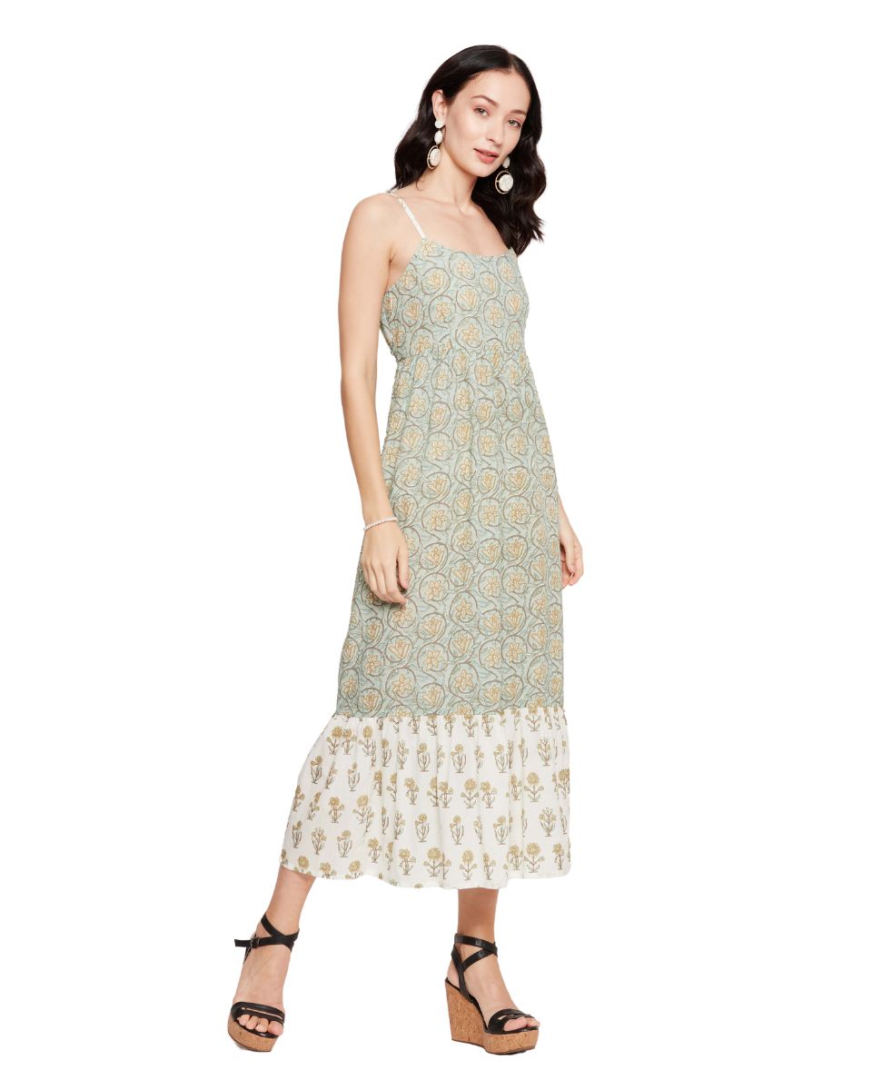 Floral Print Sea Green Elegant Sleeveless Midi Dress for Women