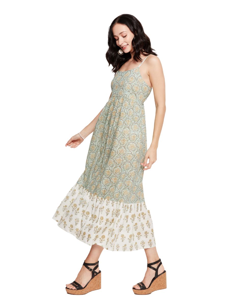 Floral Print Sea Green Elegant Sleeveless Midi Dress for Women