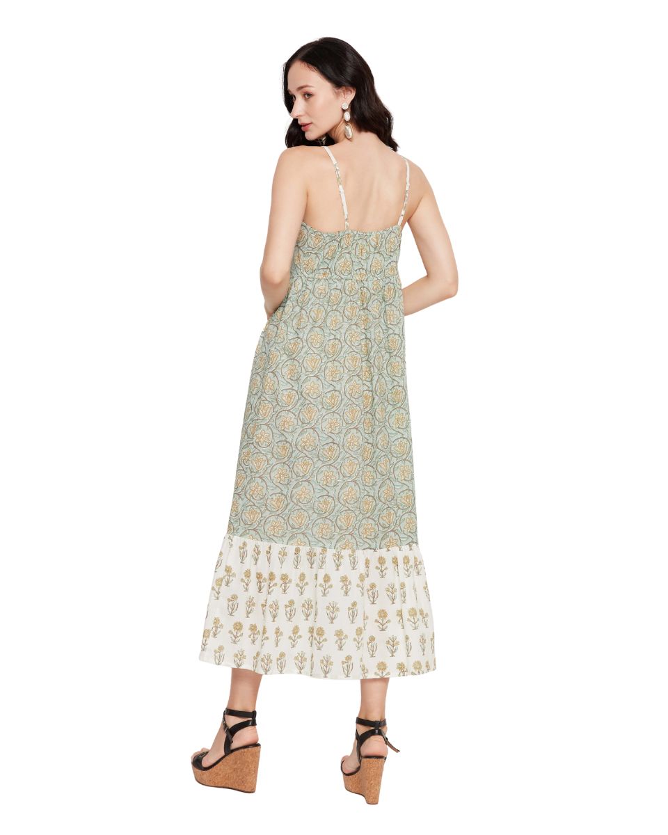 Floral Print Sea Green Elegant Sleeveless Midi Dress for Women