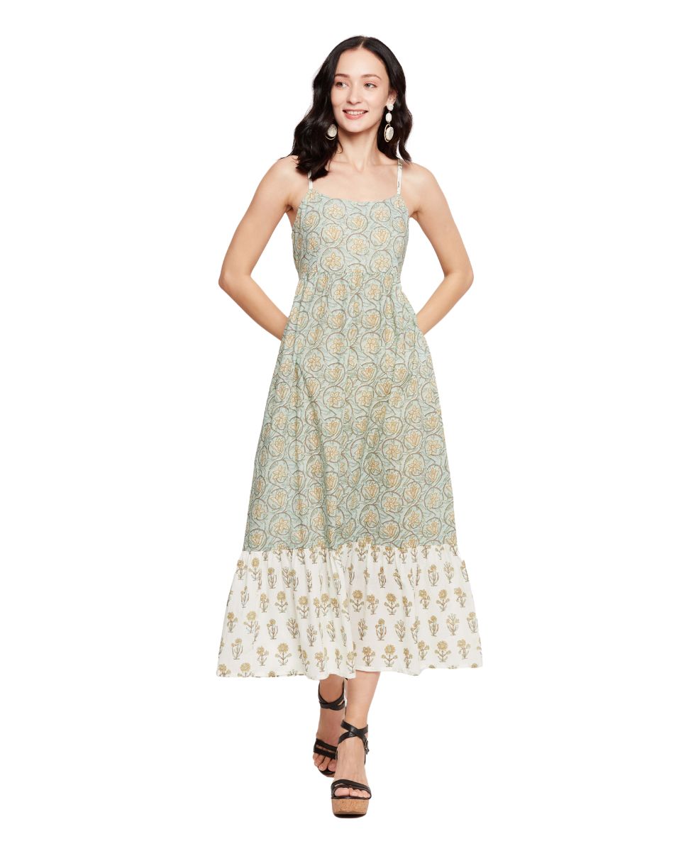 Floral Print Sea Green Elegant Sleeveless Midi Dress for Women