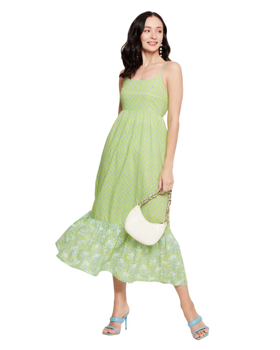 Floral Print Neon Green Spaghetti Strap Women Cotton Dress