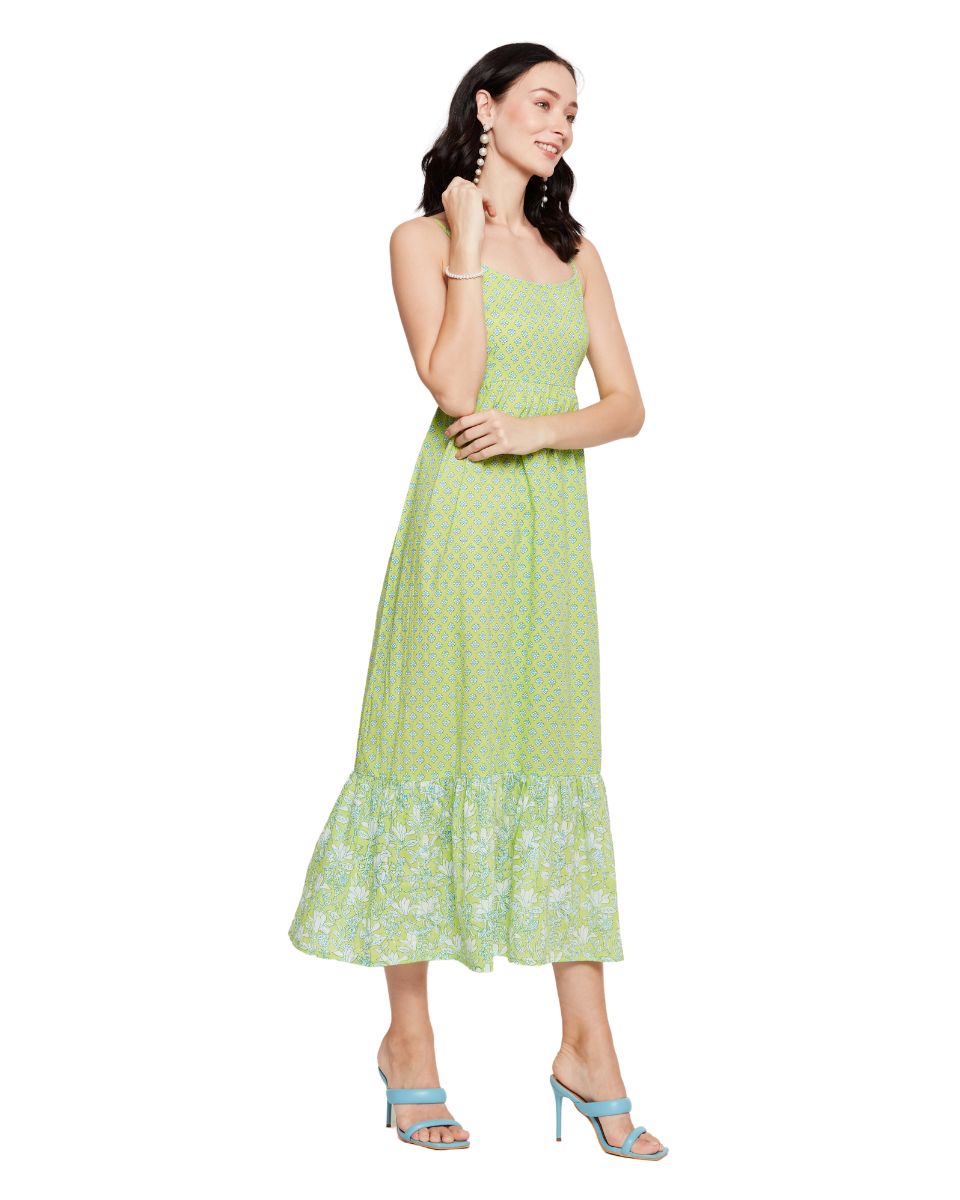 Floral Print Neon Green Spaghetti Strap Women Cotton Dress
