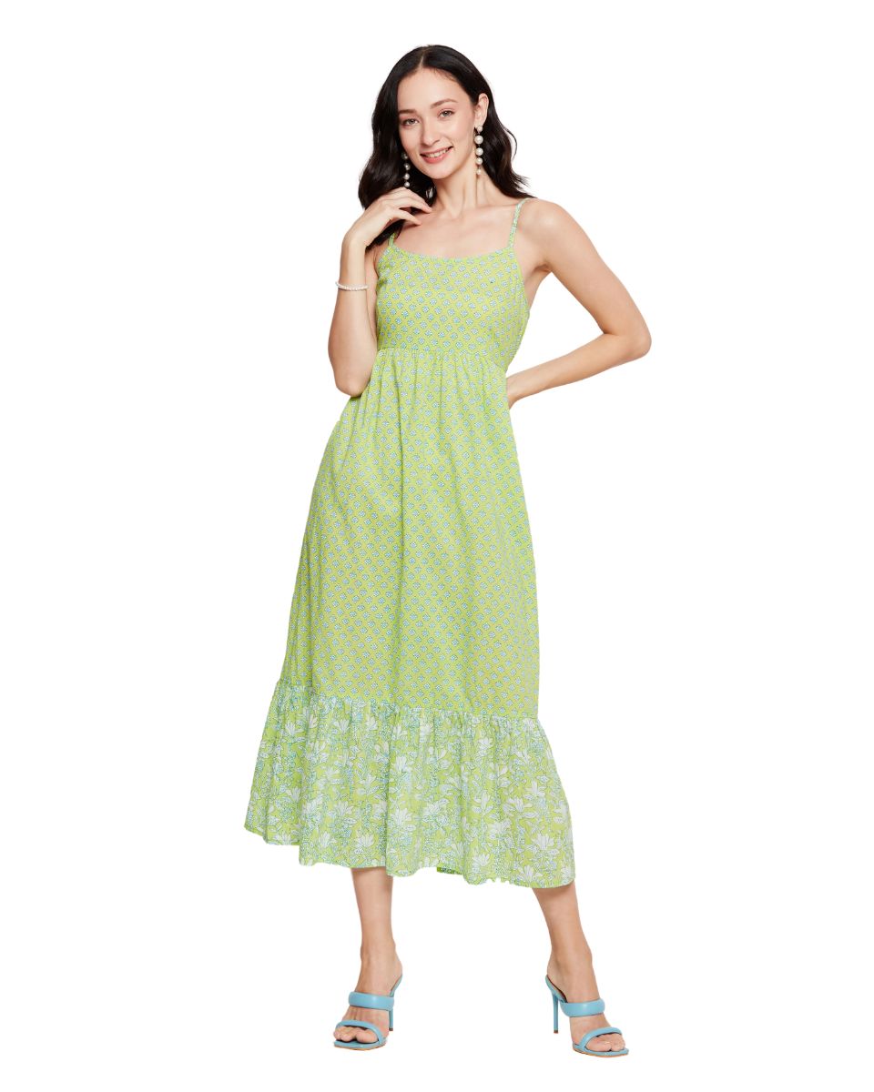 Floral Print Neon Green Spaghetti Strap Women Cotton Dress