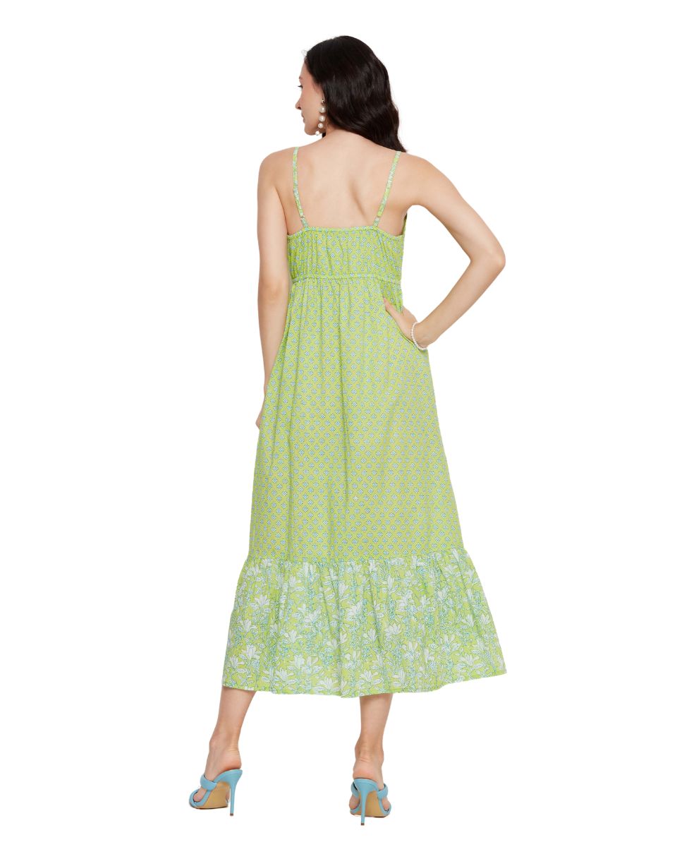 Floral Print Neon Green Spaghetti Strap Women Cotton Dress