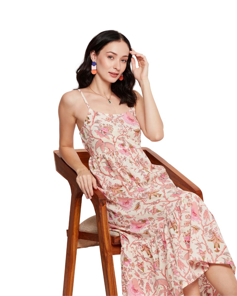 Floral Printed Off-White Casual Midi Dress For Women
