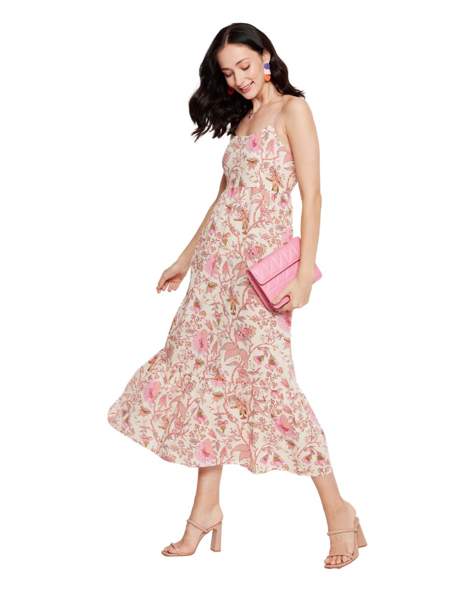 Floral Printed Off-White Casual Midi Dress For Women