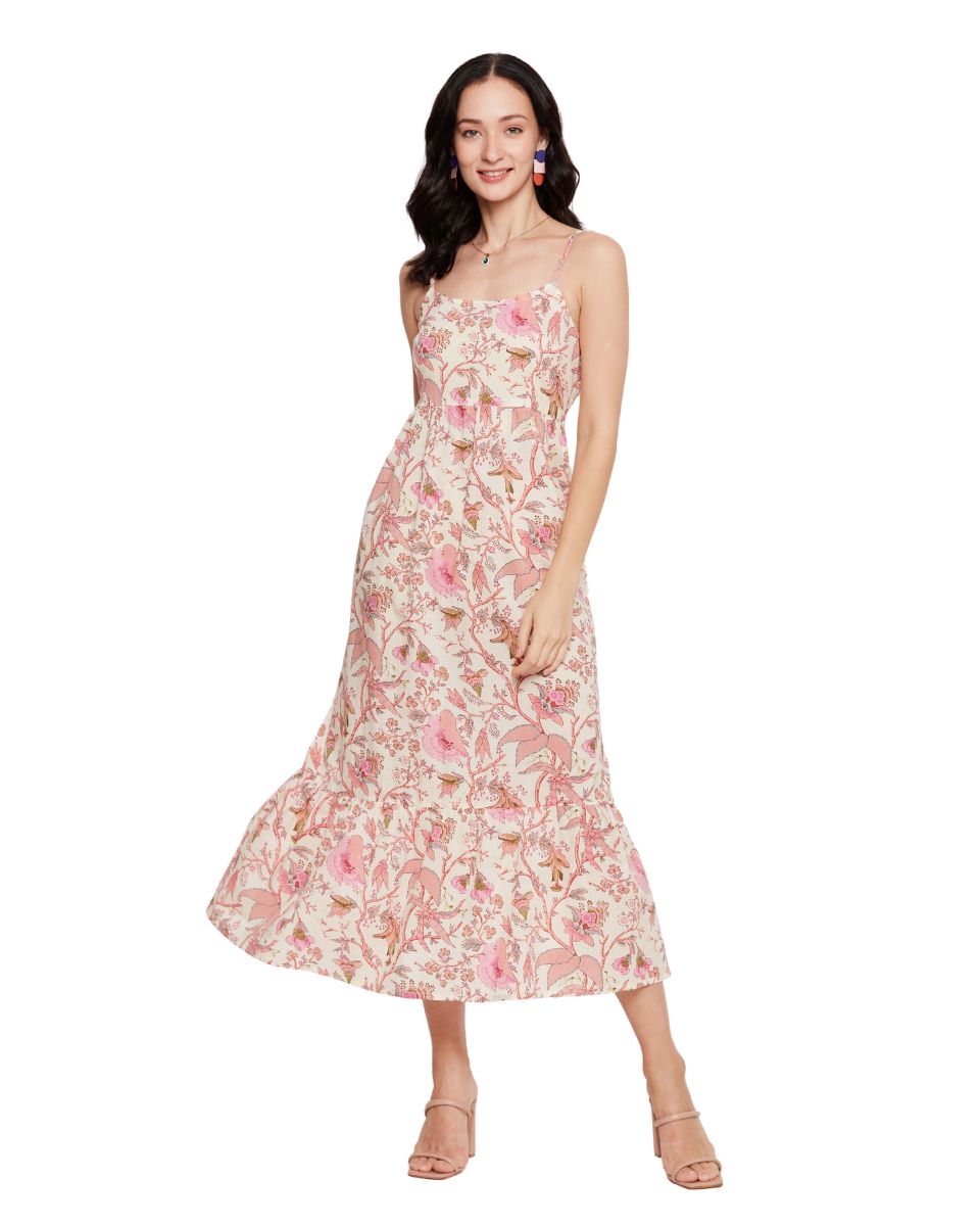 Floral Printed Off-White Casual Midi Dress For Women L