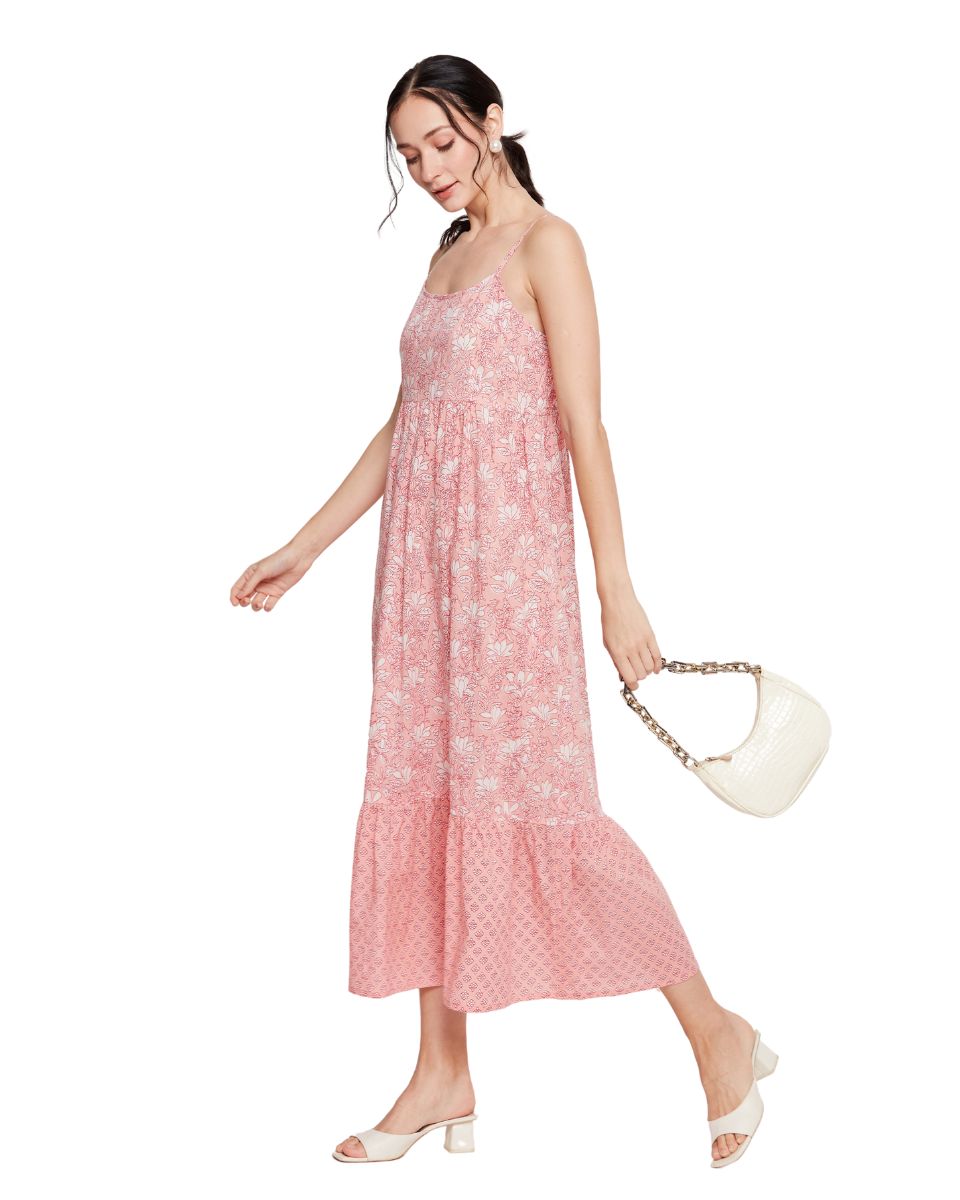 Pink Floral A Line Midi Cotton Dress for Women With Spaghetti Straps