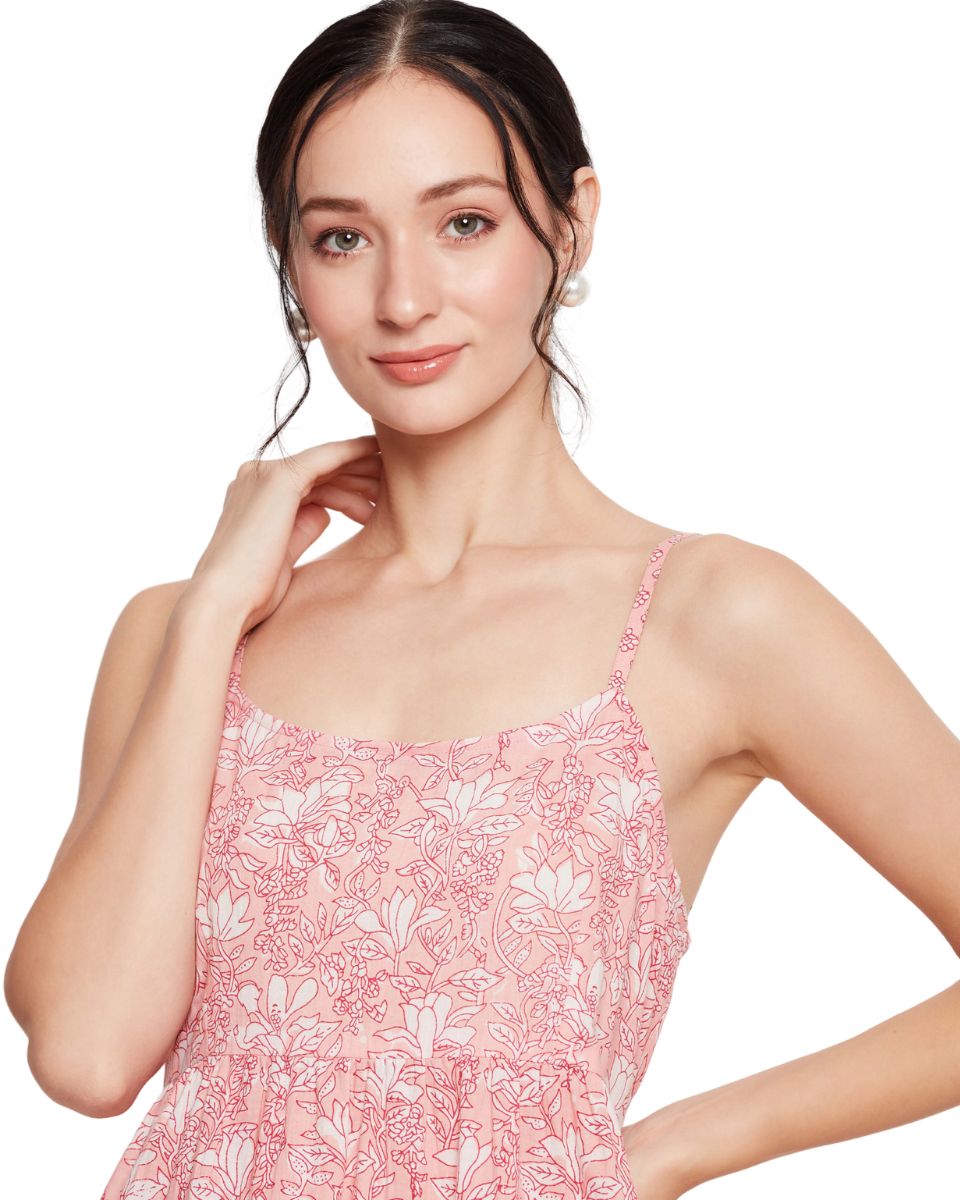 Pink Floral A Line Midi Cotton Dress for Women With Spaghetti Straps