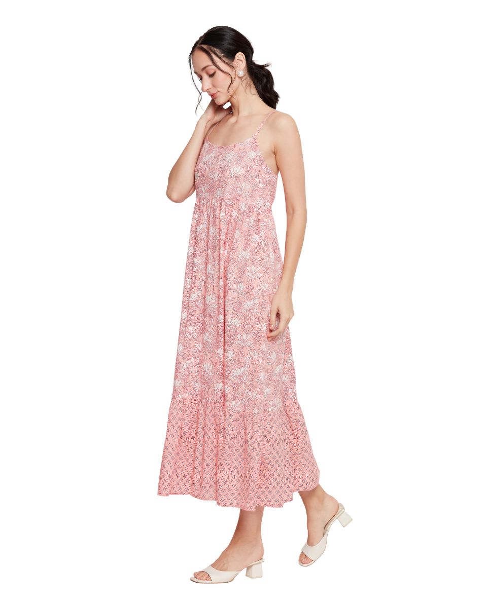 Pink Floral A Line Midi Cotton Dress for Women With Spaghetti Straps