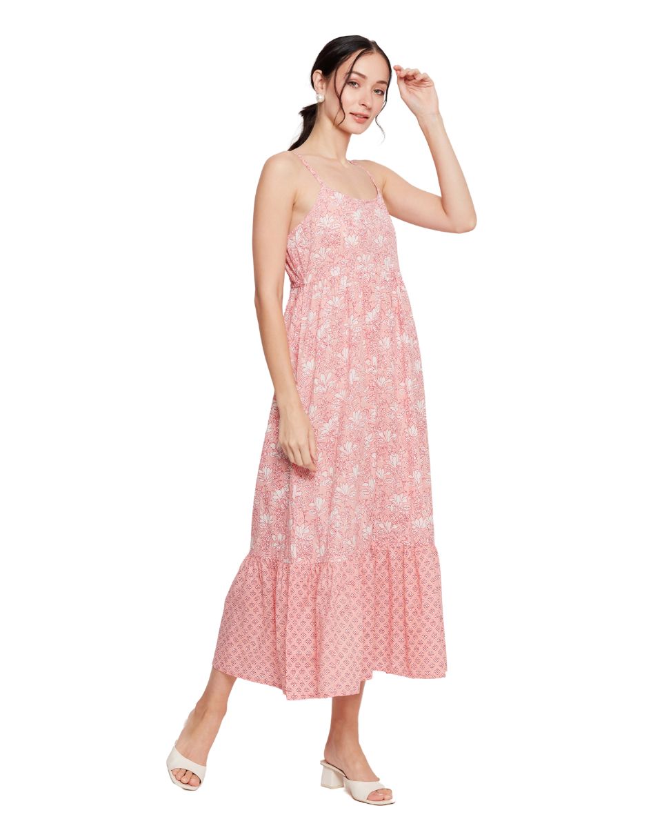 Pink Floral A Line Midi Cotton Dress for Women With Spaghetti Straps