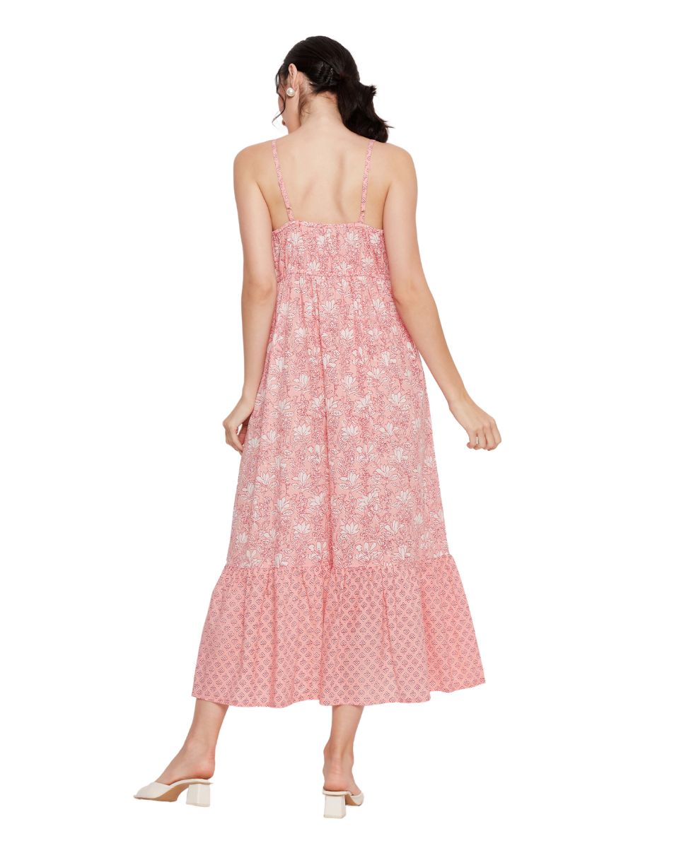 Pink Floral A Line Midi Cotton Dress for Women With Spaghetti Straps