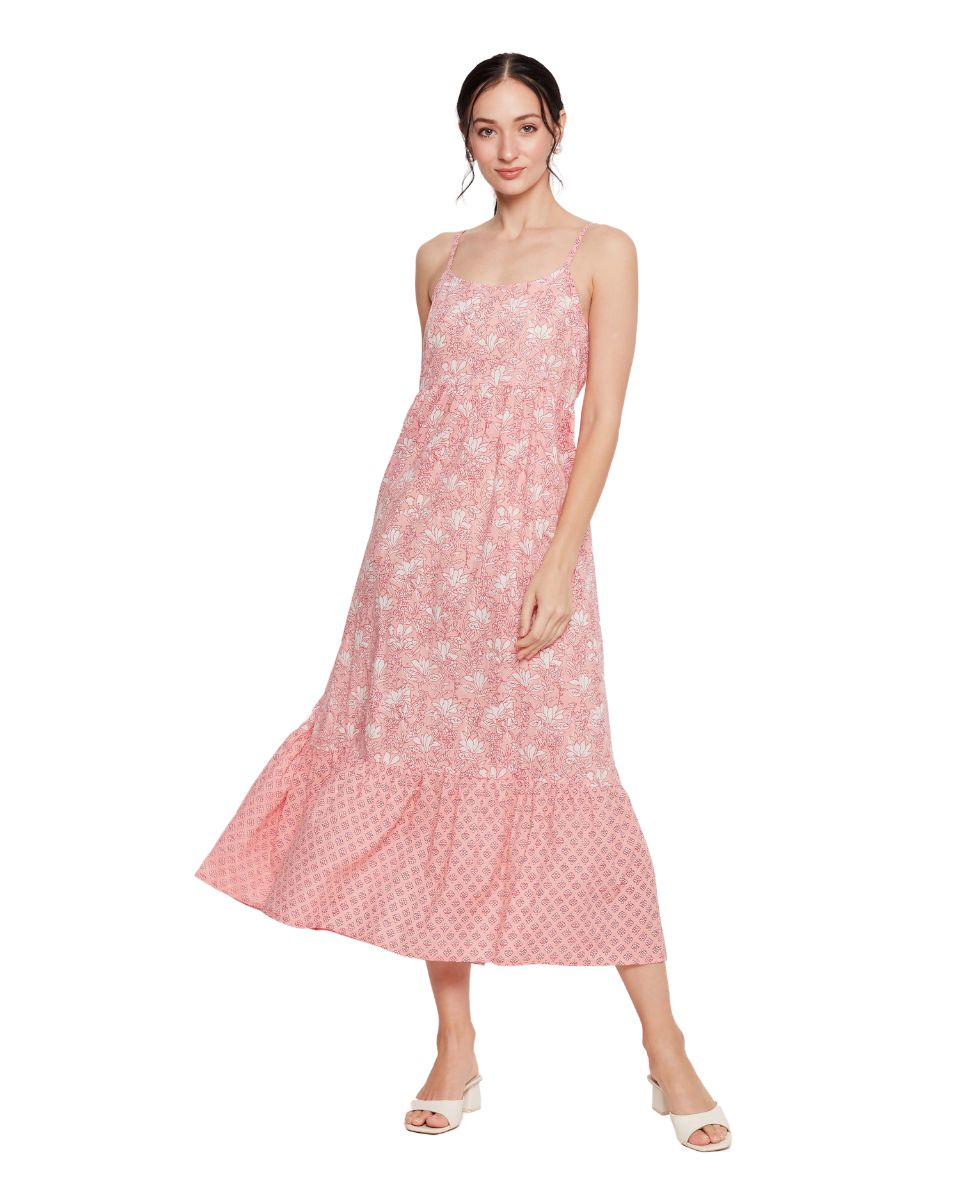 Pink Floral A Line Midi Cotton Dress for Women With Spaghetti Straps