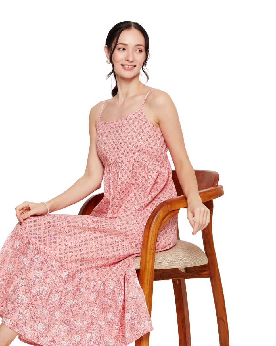 Floral Print Pink Spaghetti Straps Cotton Evening Party Midi Dress for Women