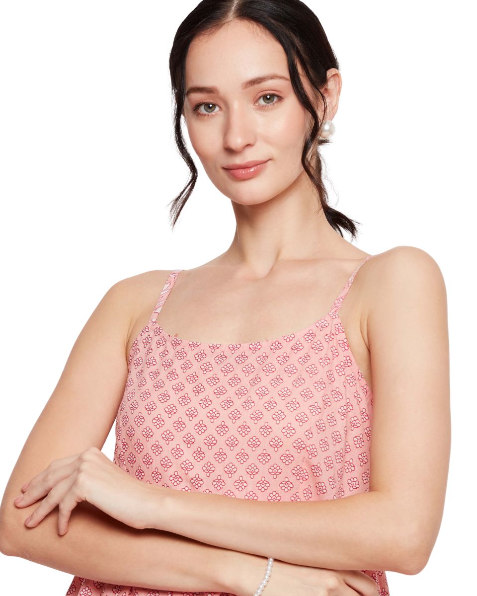 Floral Print Pink Spaghetti Straps Cotton Evening Party Midi Dress for Women
