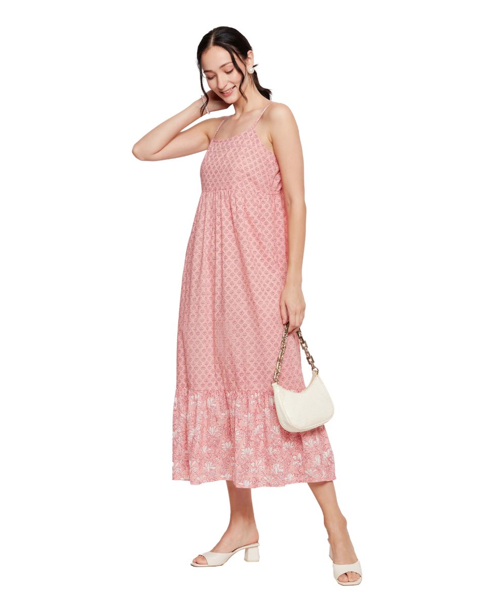 Floral Print Pink Spaghetti Straps Cotton Evening Party Midi Dress for Women