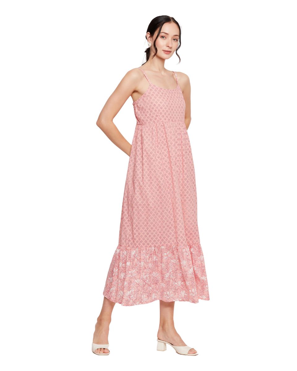 Floral Print Pink Spaghetti Straps Cotton Evening Party Midi Dress for Women