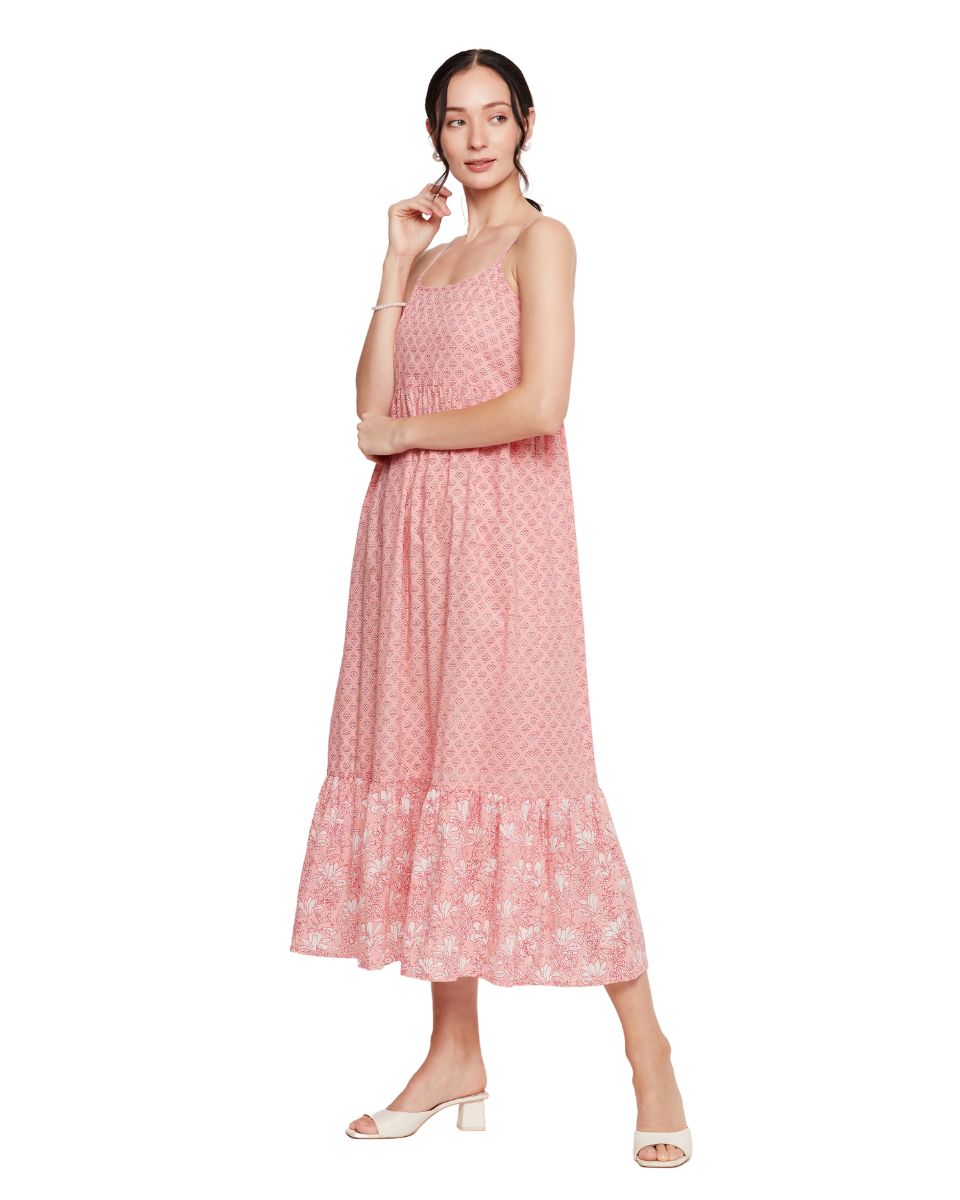 Floral Print Pink Spaghetti Straps Cotton Evening Party Midi Dress for Women