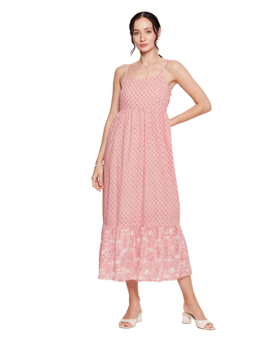 Floral Print Pink Spaghetti Straps Cotton Evening Party Midi Dress for Women