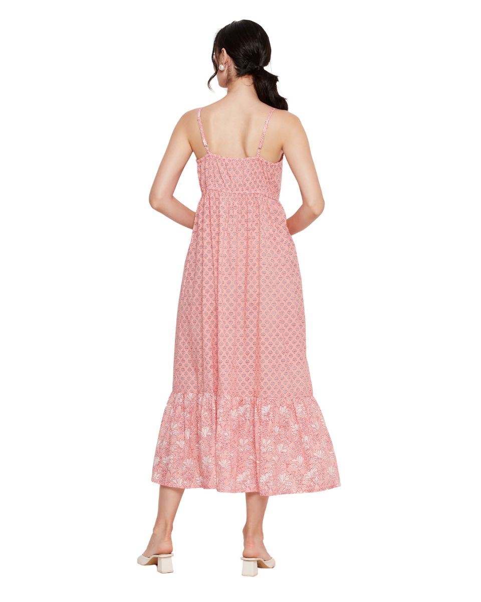 Floral Print Pink Spaghetti Straps Cotton Evening Party Midi Dress for Women
