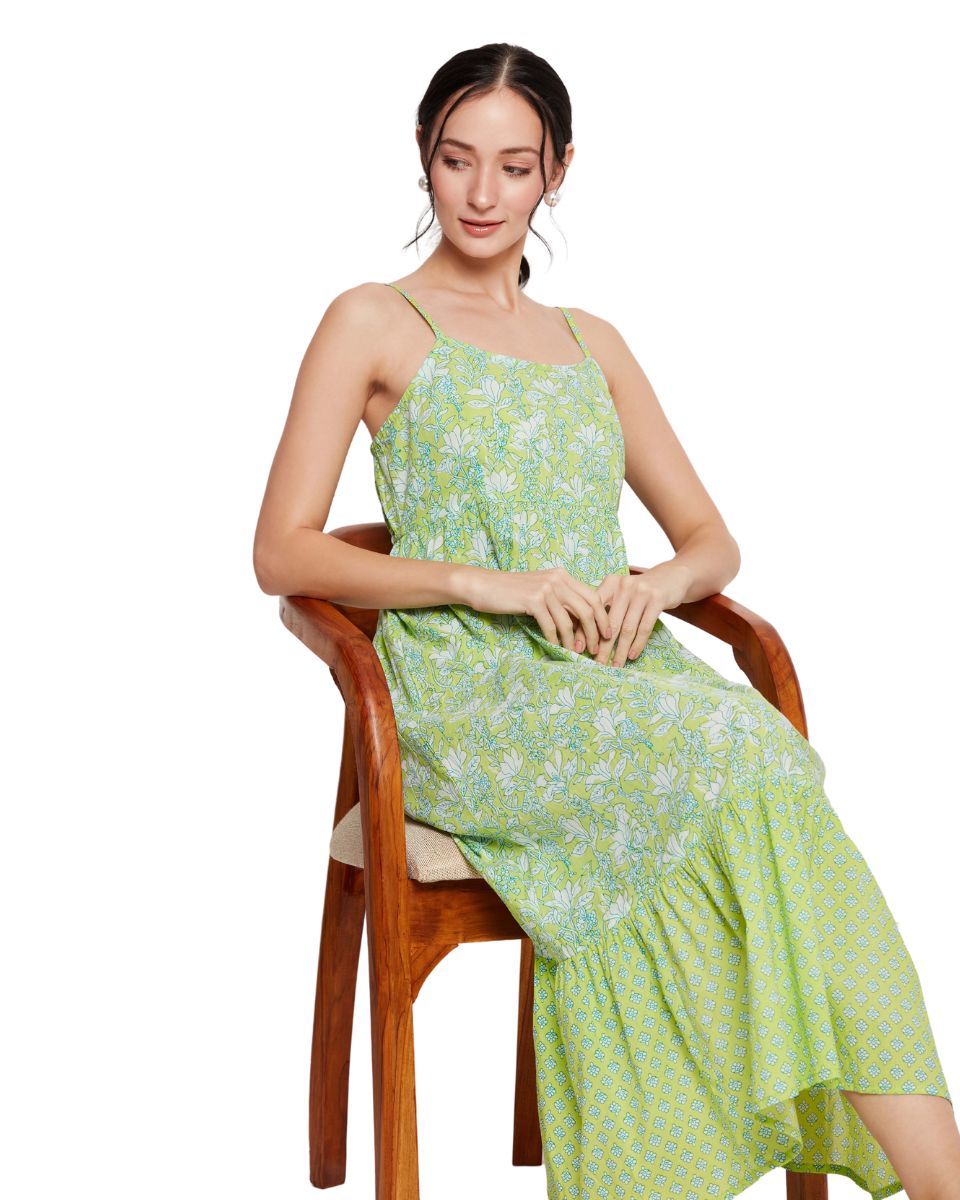 Floral Printed Neon Green Women Midi Dress for Party