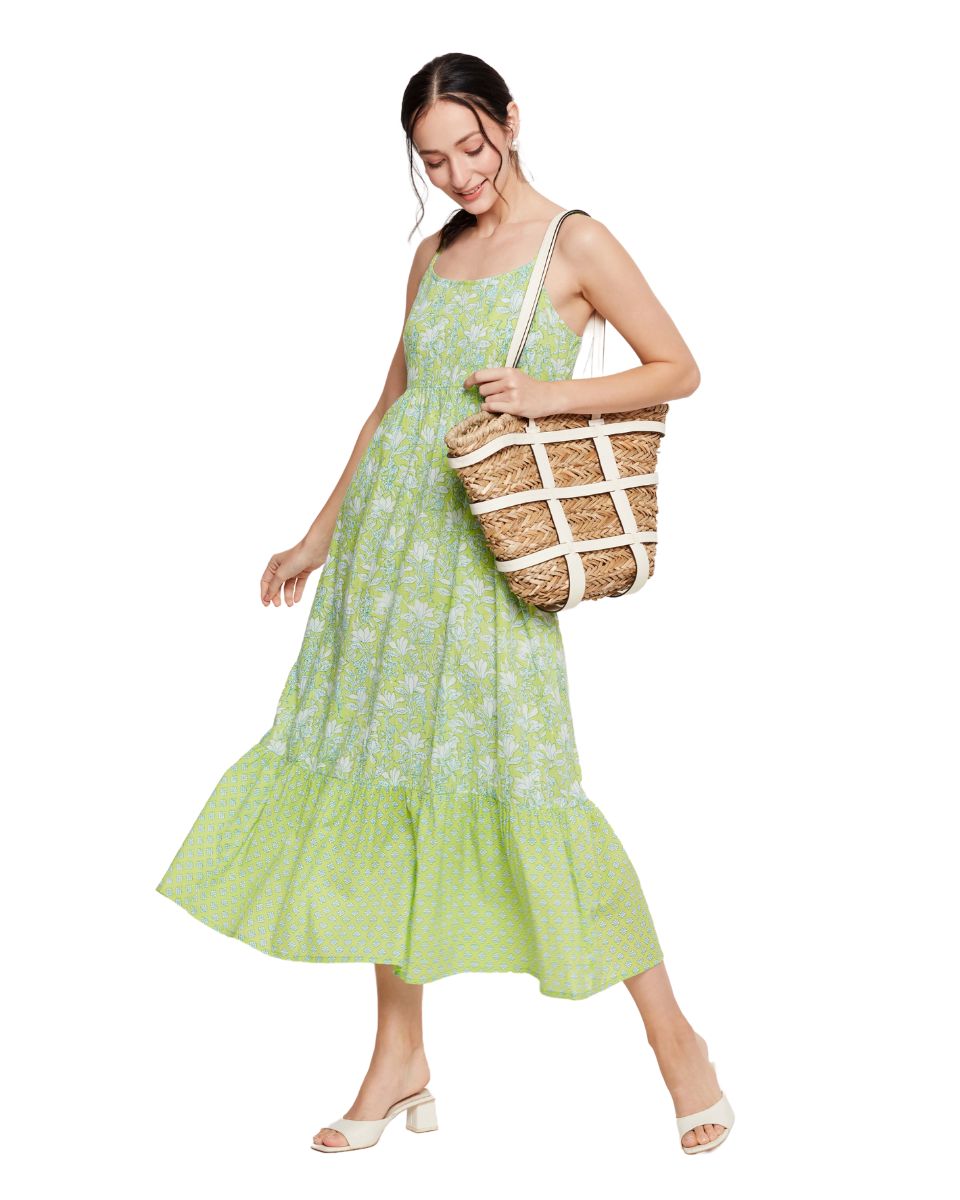 Floral Printed Neon Green Women Midi Dress for Party