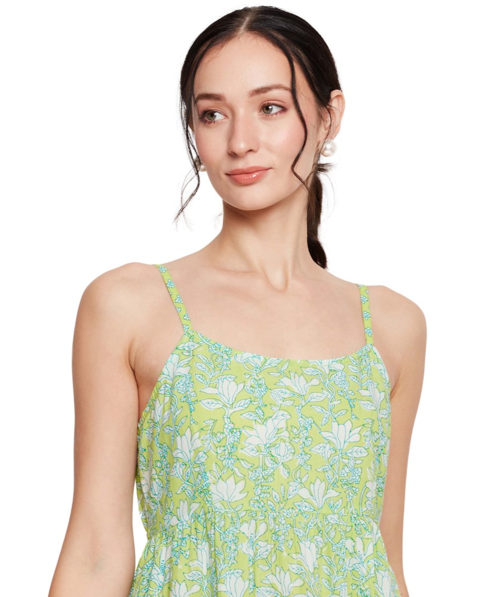 Floral Printed Neon Green Women Midi Dress for Party